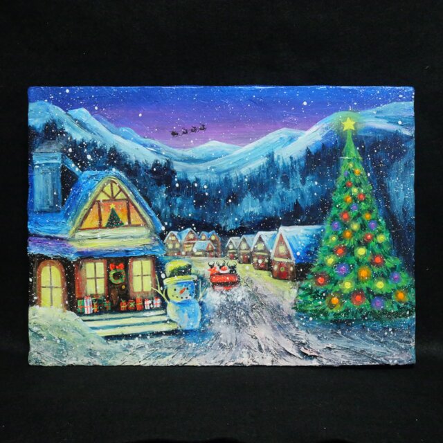 油絵 絵画 【クリスマスイブの町】 油絵【クリスマスイブの町】 | iichi 日々の暮らしを心地よくする