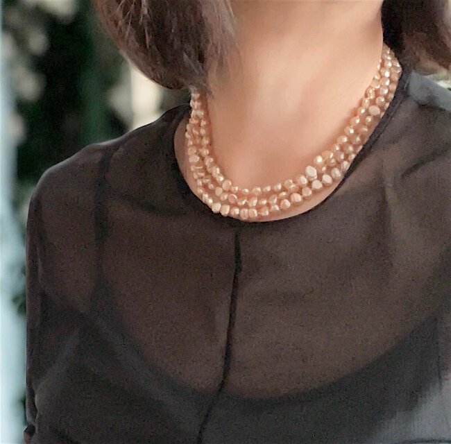 淡水パール バロック ピーチゴールド 超ロングネックレス 120cm 1点のみ