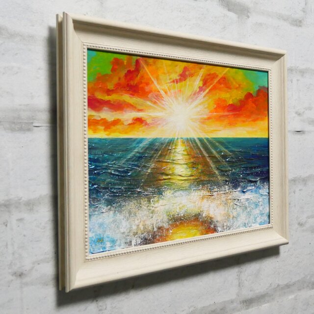 油絵 仮縁つき 海 夕焼け 球体 油絵【癒しの朝焼けの海】 | iichi 日々の暮らしを心地よくする