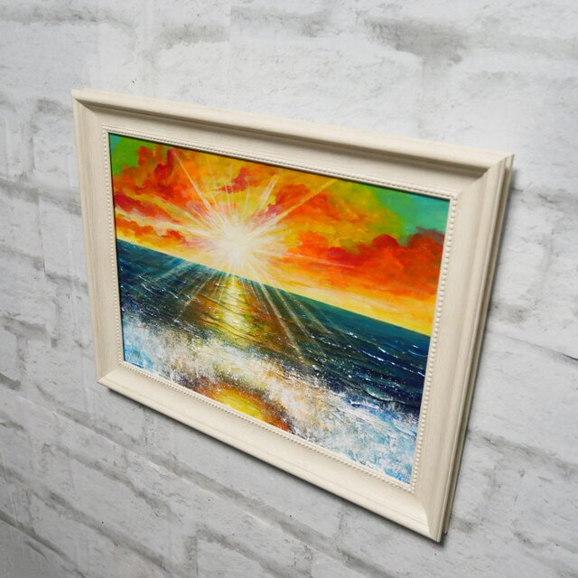 油絵 仮縁つき 海 夕焼け 球体 油絵【癒しの朝焼けの海】 | iichi 日々の暮らしを心地よくする