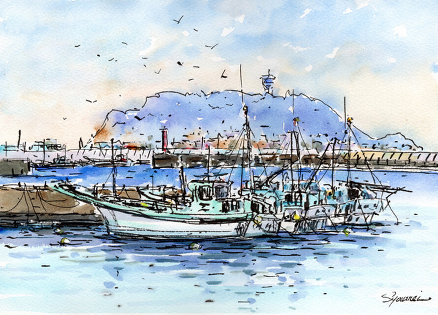 水彩画原画　腰越漁港風景 B　＃699