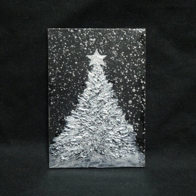 油絵 ミニ絵画【銀色クリスマスツリー】 | iichi 日々の暮らしを