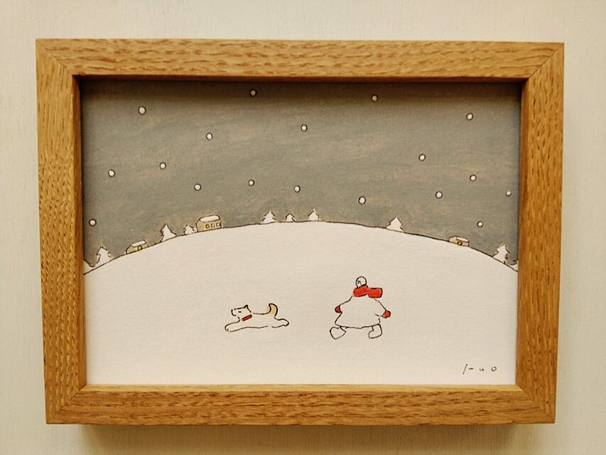 冬の夜の散歩道」 原画イラスト ※木製額縁入り インテリアアート