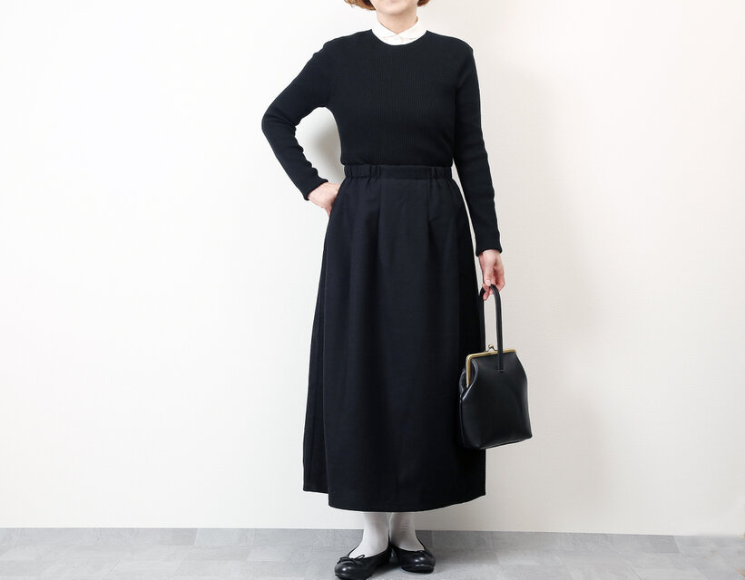 #528タックギャザースカート(ウールエターミン黒)