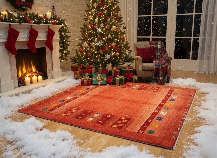 ペルシャ ギャッベ リビングサイズ ラグ 198x155㎝ 桃色 茜色 生命の木