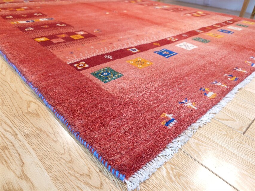 ペルシャ ギャッベ リビングサイズ ラグ 198x155㎝ 桃色 茜色 生命の木