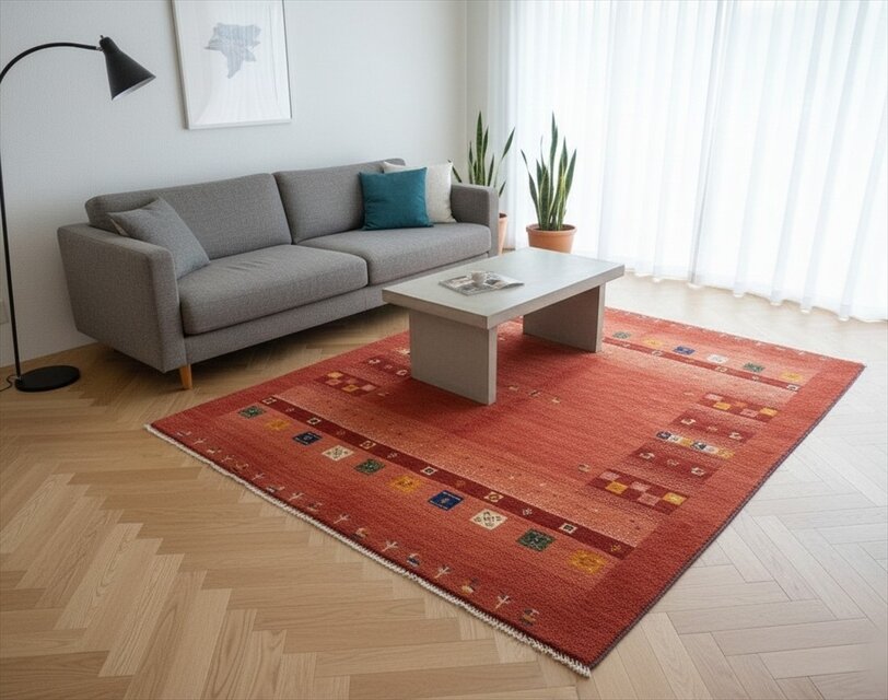 ペルシャ ギャッベ リビングサイズ ラグ 198x155㎝ 桃色 茜色 生命の木