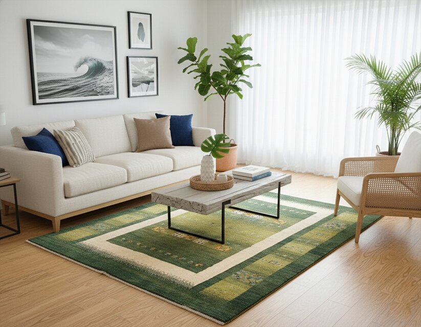 ペルシャ　ギャッベ　リビング　ラグ　198x155cm　緑色　黄緑色　パネル　ヤギ　羊　生命の木　RJ10035