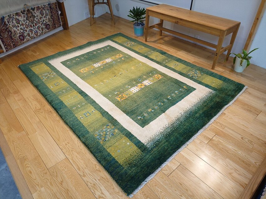 ペルシャ ギャッベ リビング ラグ 198x155cm 緑色 黄緑色 パネル ヤギ