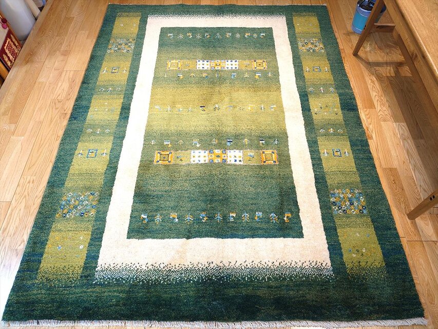 ペルシャ ギャッベ リビング ラグ 198x155cm 緑色 黄緑色 パネル ヤギ