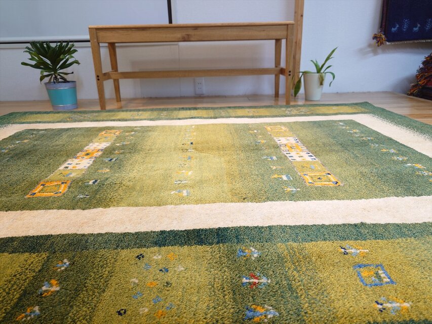 ペルシャ ギャッベ リビング ラグ 198x155cm 緑色 黄緑色 パネル ヤギ