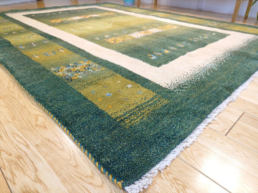 ペルシャ ギャッベ リビング ラグ 198x155cm 緑色 黄緑色 パネル ヤギ
