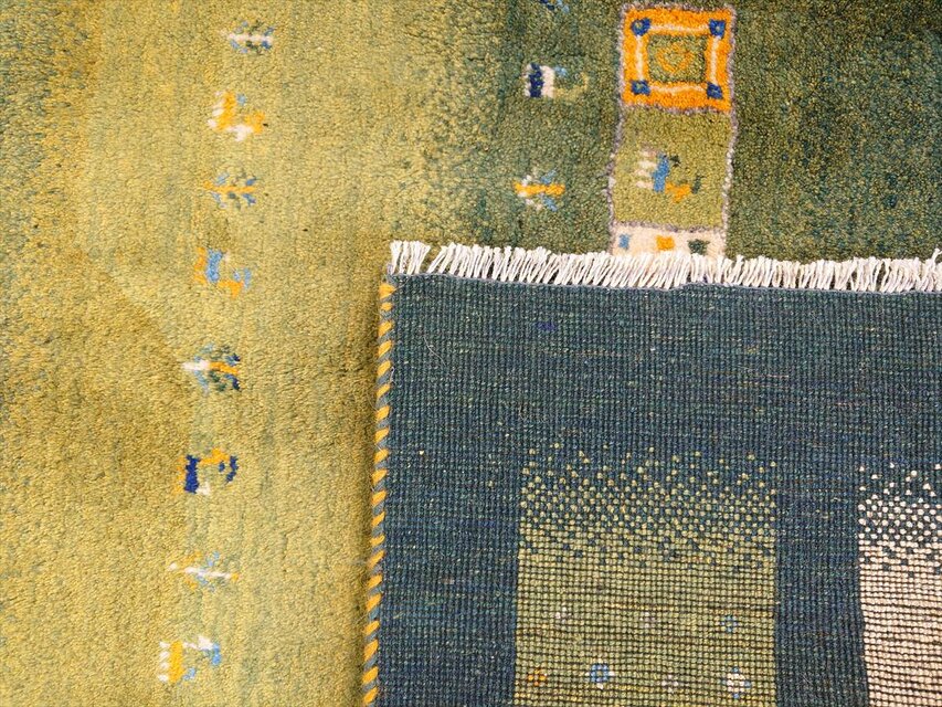 ペルシャ ギャッベ リビング ラグ 198x155cm 緑色 黄緑色 パネル ヤギ