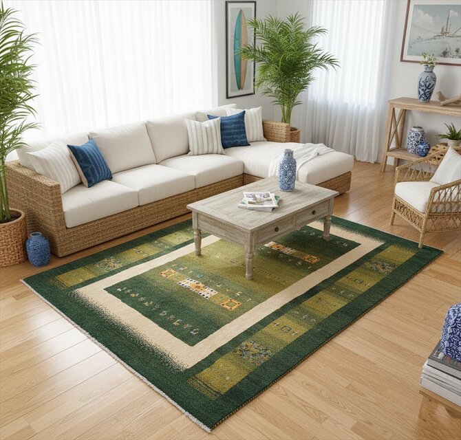 ペルシャ ギャッベ リビング ラグ 198x155cm 緑色 黄緑色 パネル ヤギ