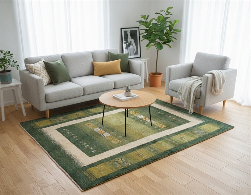 ペルシャ ギャッベ リビング ラグ 198x155cm 緑色 黄緑色 パネル ヤギ