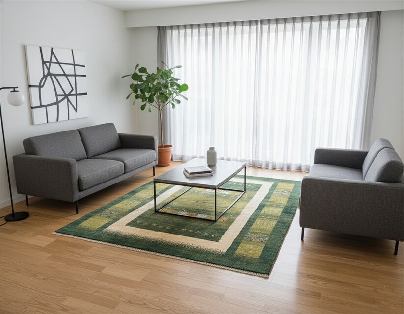 ペルシャ ギャッベ リビング ラグ 198x155cm 緑色 黄緑色 パネル ヤギ