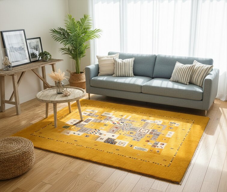 ペルシャ ギャッベ　リビング敷き　ラグ　197x150cm　黄金色　パネル　103063