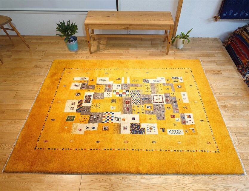 ペルシャ ギャッベ リビング敷き ラグ 197x150cm 黄金色 パネル 103063