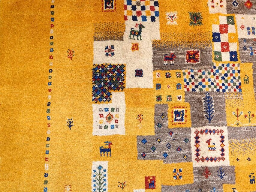 ペルシャ ギャッベ リビング敷き ラグ 197x150cm 黄金色 パネル 103063