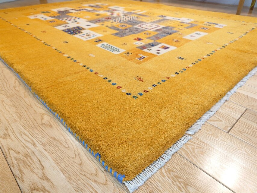 ペルシャ ギャッベ リビング敷き ラグ 197x150cm 黄金色 パネル 103063