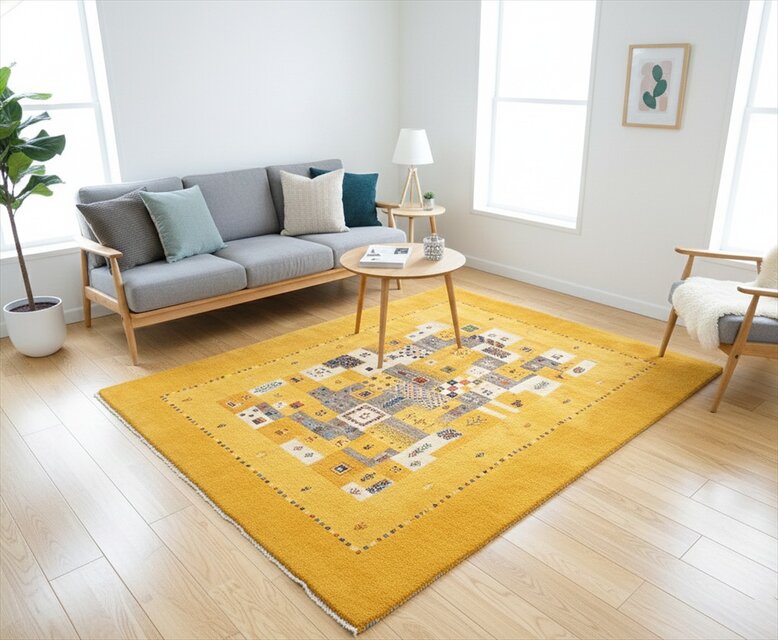 ペルシャ ギャッベ リビング敷き ラグ 197x150cm 黄金色 パネル 103063