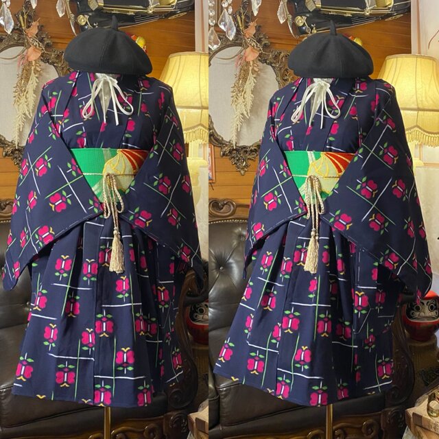 和洋折衷アンサンブル着物リメイクワンピース 帯サッシュベルト付き