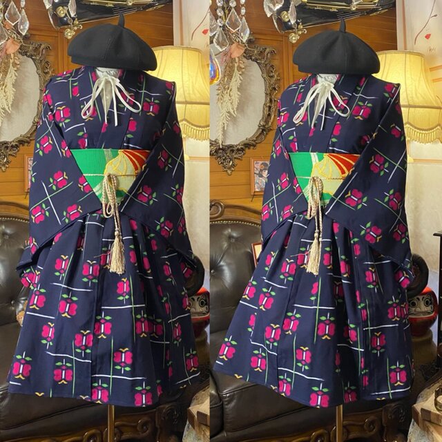 和洋折衷アンサンブル着物リメイクワンピース 帯サッシュベルト付き