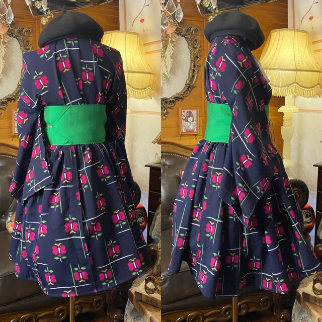 和洋折衷アンサンブル着物リメイクワンピース 帯サッシュベルト付き