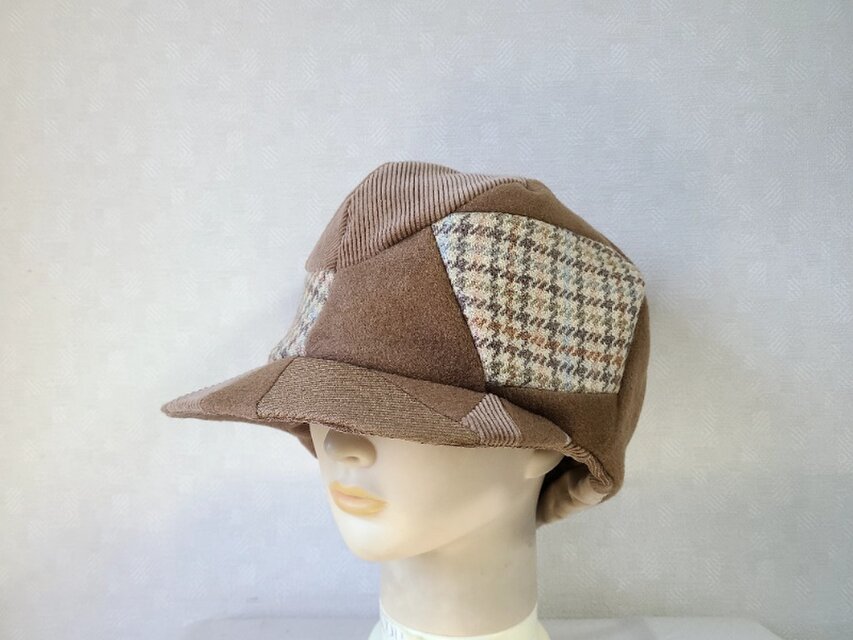 魅せる帽子☆ふわモコ暖か♪カシミアのパッチワークキャスケット～キャメル