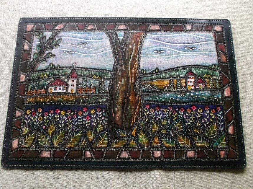 単行本サイズブックカバー  牛革　刻印＆拭き染め