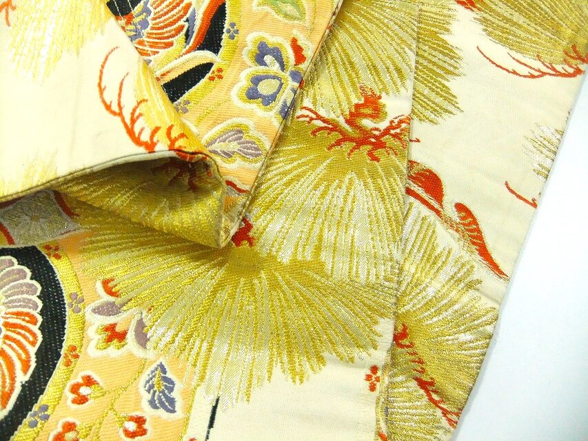 16)2395】180cm/アンティーク帯・鳳凰笠松文様/タペストリー・テーブル