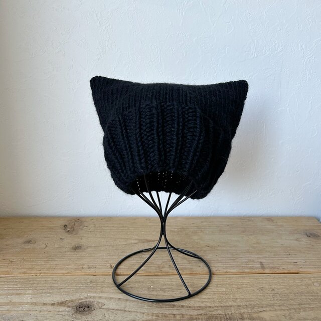 おとなのシンプルねこ耳＊ふんわりニット帽《ブラック》