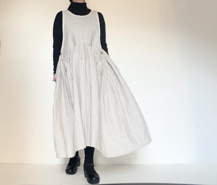 即納可　リネン**ストライプ/ギャザーポケット　前後２way着回し　エプロンワンピース　