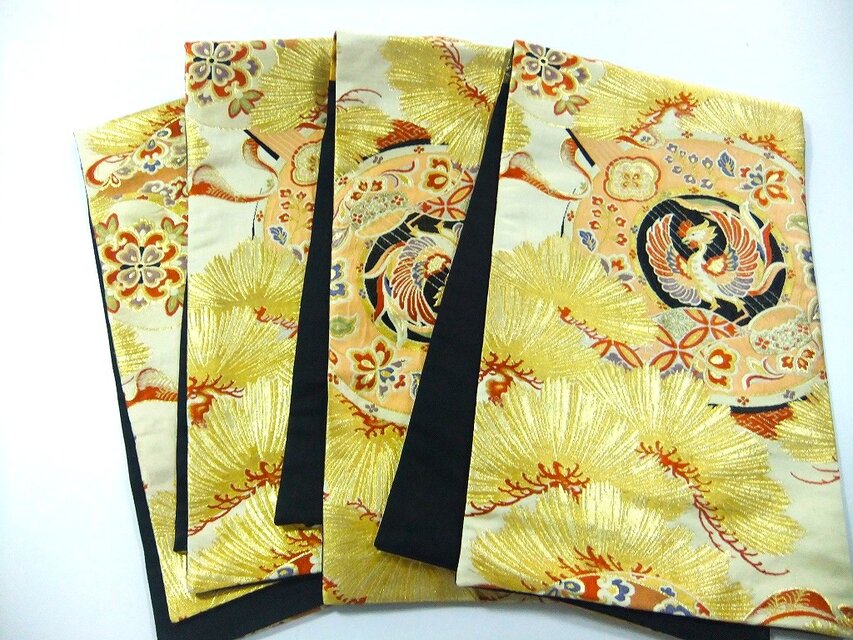 16)2396】101cm/アンティーク帯リメイク/鳳凰笠松文様/テーブル