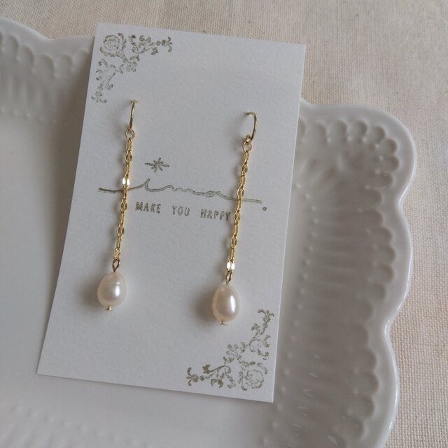 14kgf １粒バロックパールのベネチアンチェーンピアス