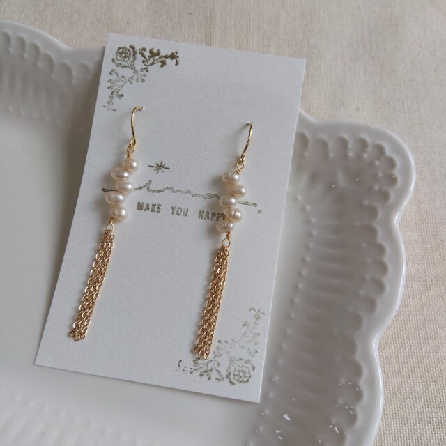 14kgf 淡水クレオポストパールのきらきらチェーンピアス