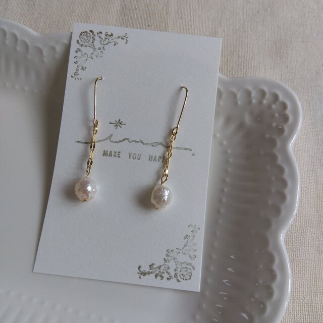 14kgf 凸凹淡水パールのベネチアンチェーンピアス