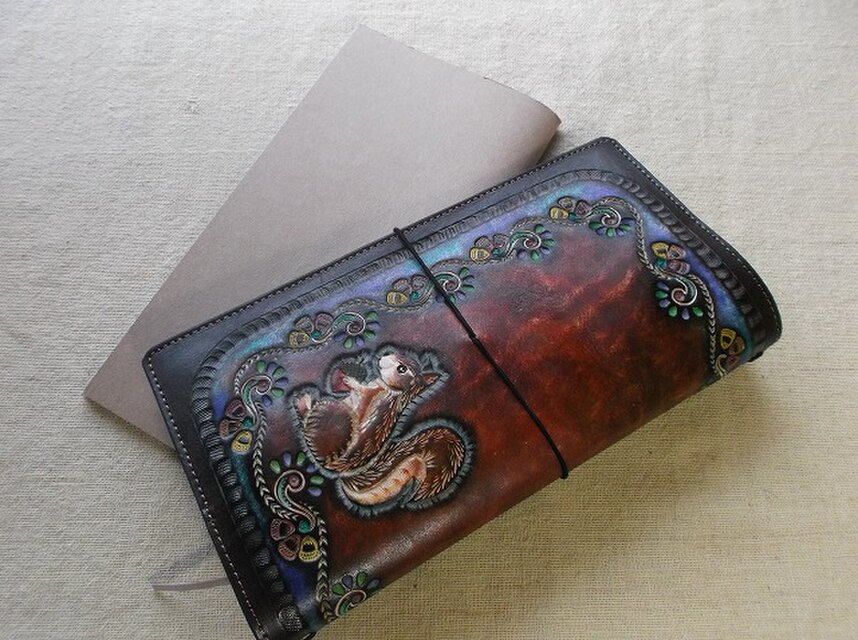 トラベラーズノートカバー　牛革、刻印＆拭き染め　カードポケット付き　