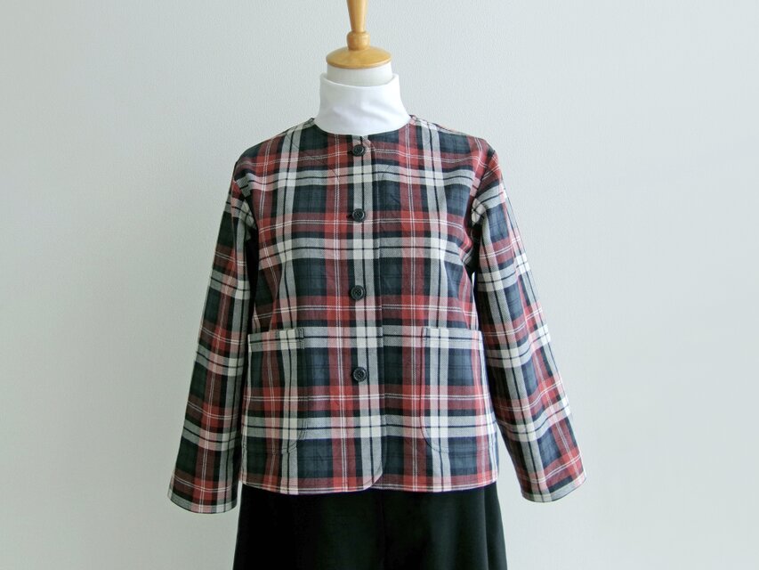 播州織＊裏起毛コットンのノーカラージャケット（チェック柄ツイル生地）