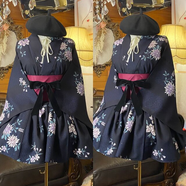 着物リメイク  ミニミディワンピース／ドレス／洗える化繊 帯サッシュベルト 深紺の深淵 × 記憶のリーフ・ネットワーク KW-1314 着物リメイク ミニミディ ワンピース ドレス／化繊素材・帯サッシュ