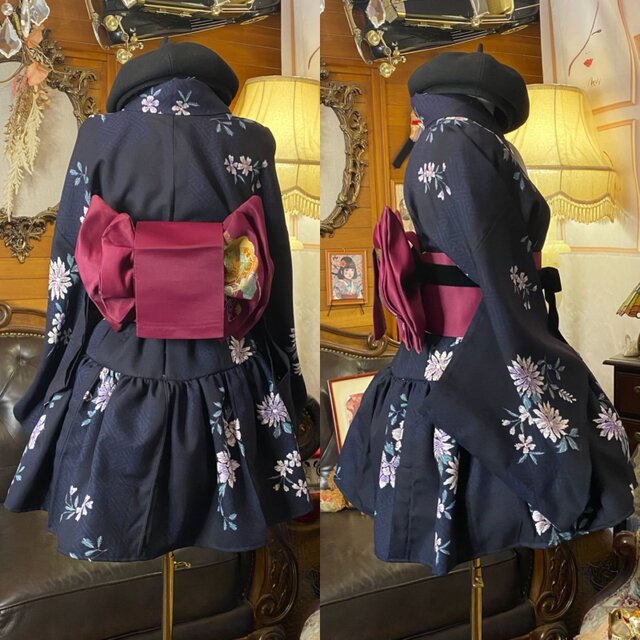 着物 ミニ丈 ワンピース ドレス 和ロリ 2部式作り帯 名古屋帯 リメイク