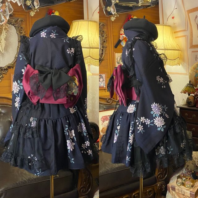 着物 ミニ丈 ワンピース ドレス 和ロリ 2部式作り帯 名古屋帯 リメイク