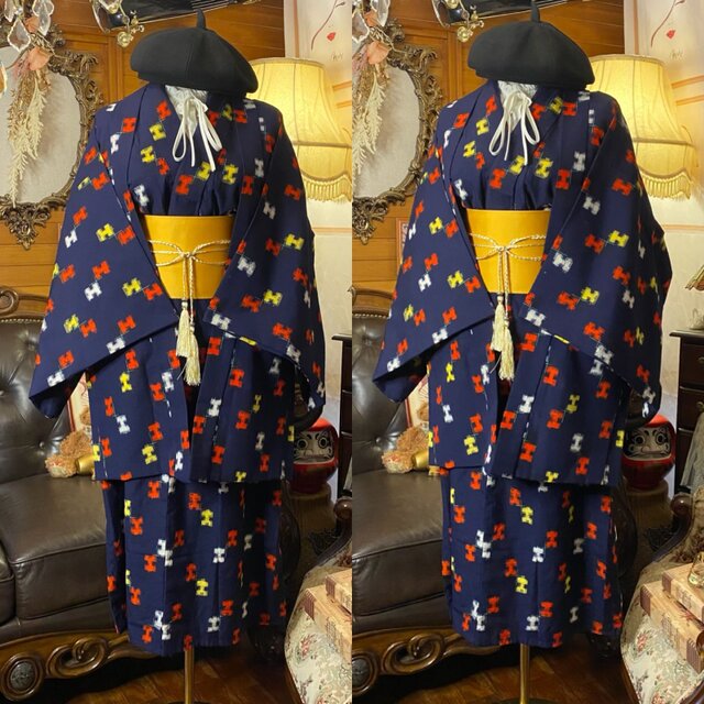和洋折衷 セミロング ワンピース 着物アンサンブル 帯サッシュベルト付き ハンドメイド レトロ 古着 深みのある朱赤 aKW-124 和洋折衷セミロングワンピース 着物アンサンブル 帯サッシュベルト付き