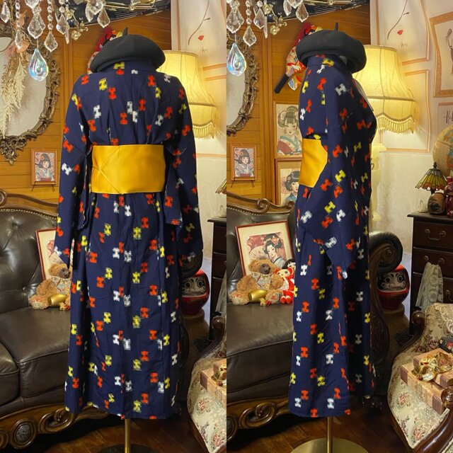 和洋折衷ワンピース 着物アンサンブル ロング 名古屋帯サッシュベルト付き ハンドメイド レトロ 古着 曙色の記憶 × 総柄オリエンタルの調べ aKW-143 和洋折衷セミロングワンピース 着物アンサンブル 帯サッシュベルト付き