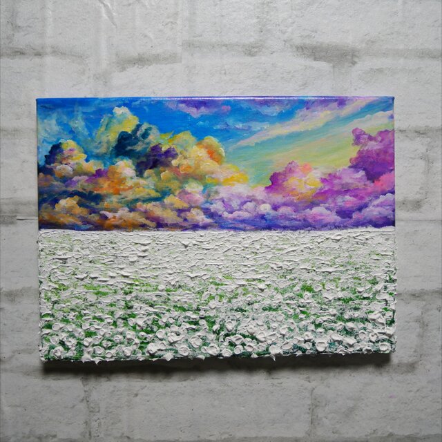 油絵【朝焼けの草原に咲く白い花と朝日】