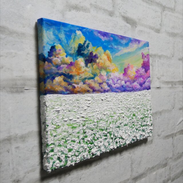 油絵【朝焼けの草原に咲く白い花と朝日】 | iichi 日々の暮らしを