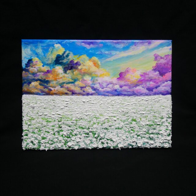 油絵【朝焼けの草原に咲く白い花と朝日】 | iichi 日々の暮らしを