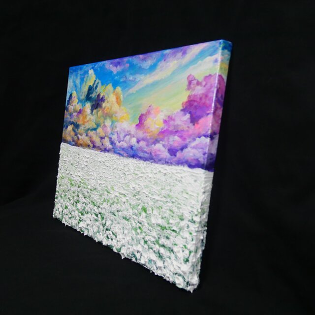 油絵【朝焼けの草原に咲く白い花と朝日】 | iichi 日々の暮らしを