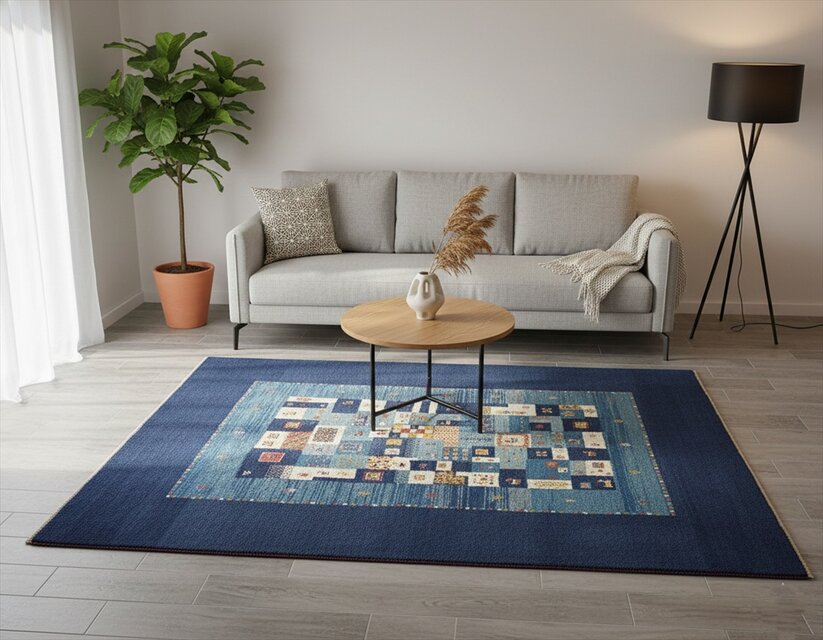 ペルシャ ギャッベ　リビング敷き　ラグ　198x150cm　青色　パネル　RJ10634