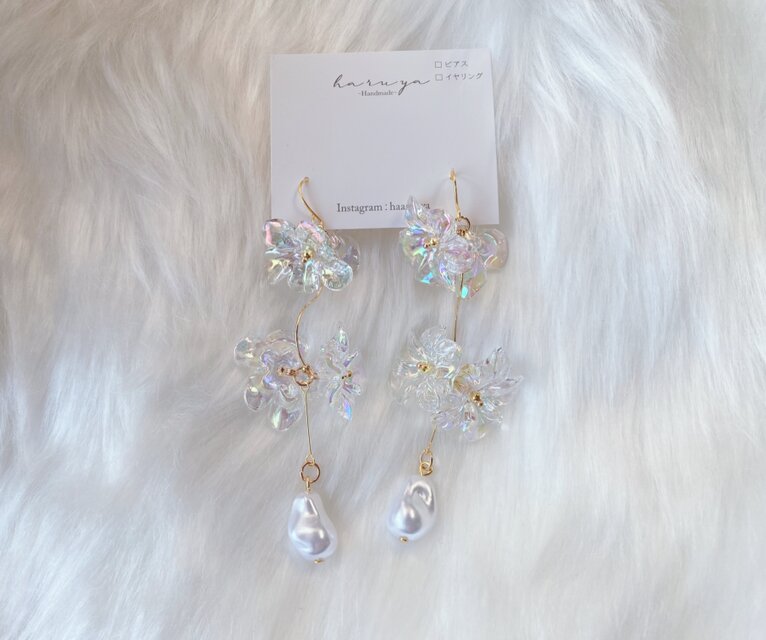 オーロラクリアフラワーとイミテーションパールビーズのピアス orイヤリング